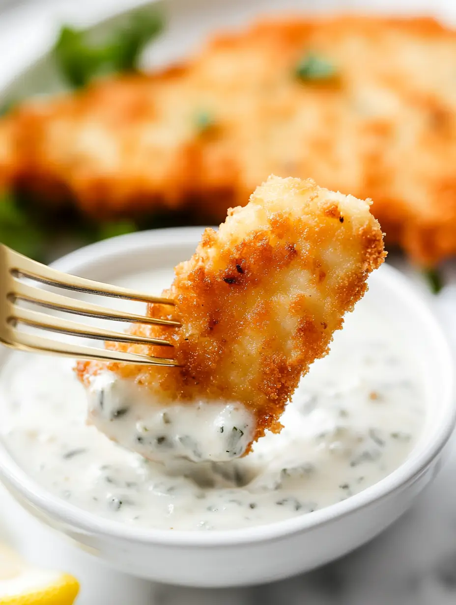 CALAMARI STEAK RECIPE 3 Golden crispy fried calamari steak dipped in creamy tartar sauce on a fork.