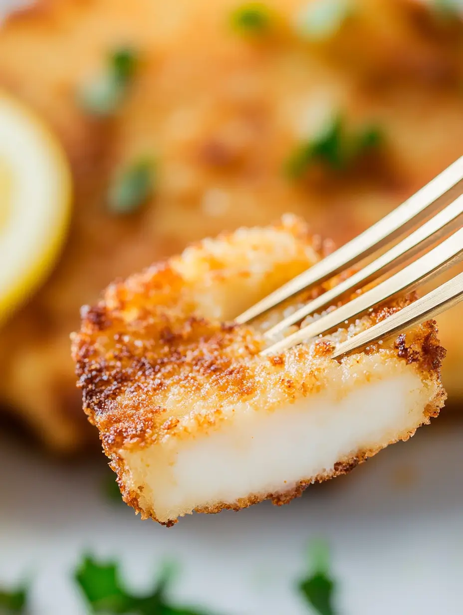 CALAMARI STEAK RECIPE 6 Close-up of a bite-sized piece of calamari steak on a fork, showing a tender white interior.