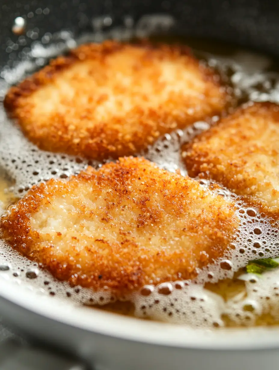 CALAMARI STEAK RECIPE 4 frying in golden oil in a white enameled skillet.