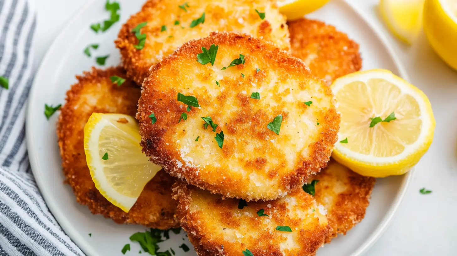 Golden breaded calamari steak on a plate, garnished with parsley and served with lemon slices.