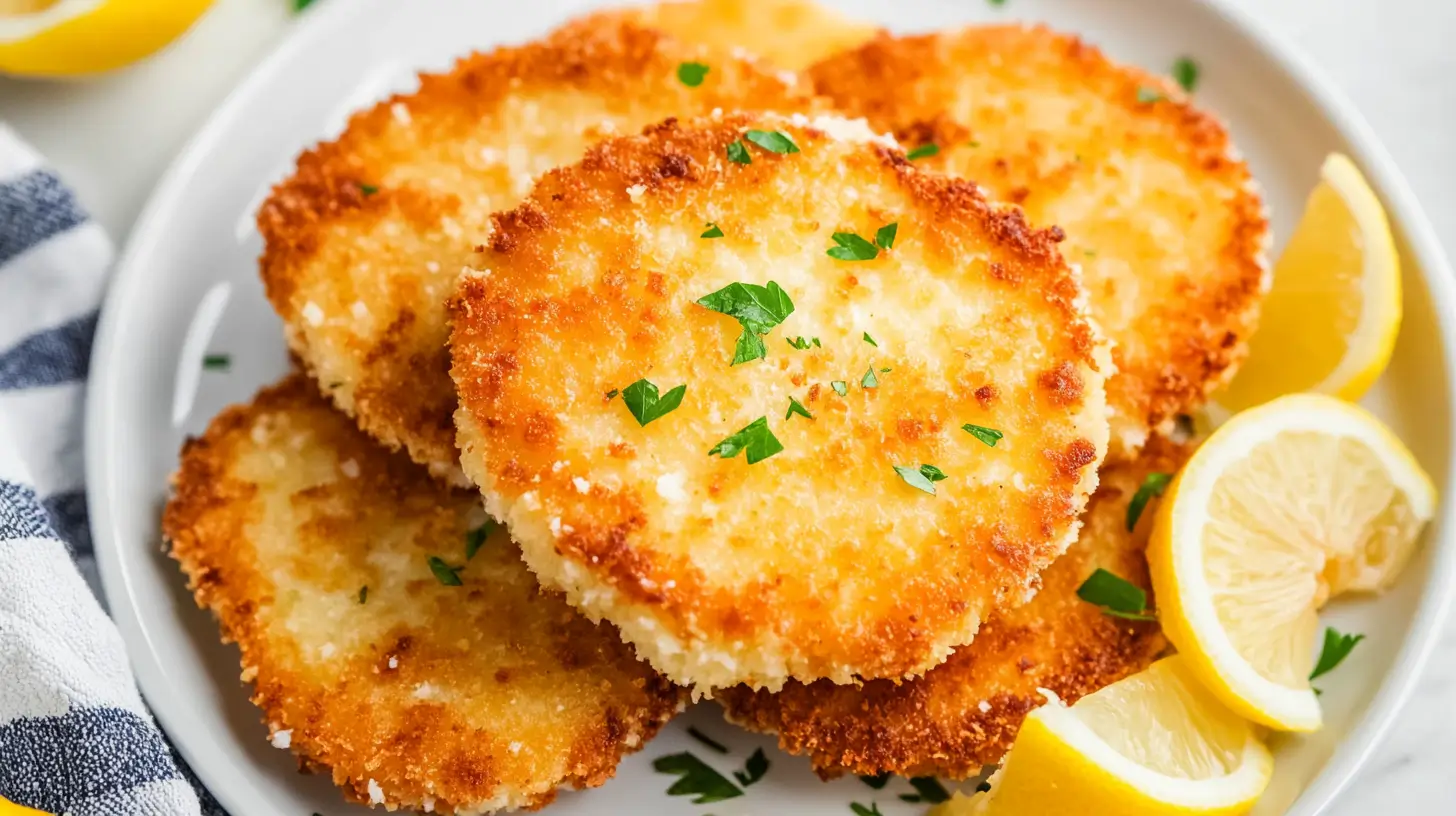 CALAMARI STEAK RECIPE 1 Wide shot of crispy calamari steaks served with tartar sauce and garnished with fresh parsley.
