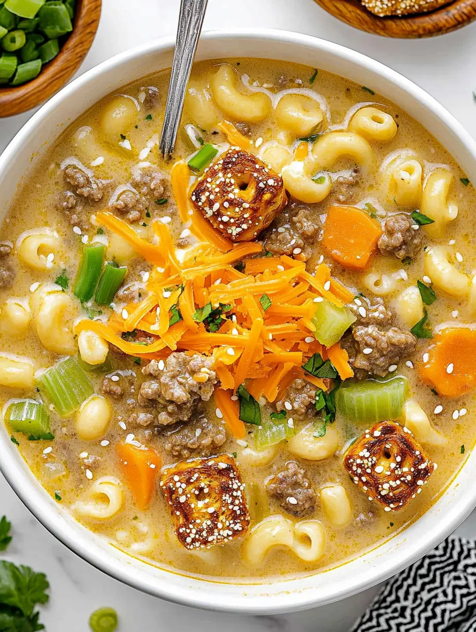 Cheeseburger Macaroni Soup 2 creamy-soup-with-macaroni-ground-beef-carrots-celery-pretzel-bites-and-shredded-cheese-topped-with-sesame-seeds