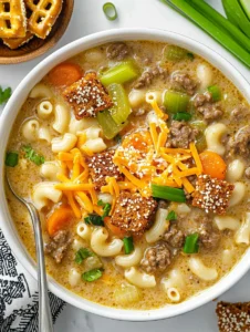 creamy-beef-and-macaroni-soup-in-a-white-bowl-topped-with-cheese-croutons-and-green-onions-celery-and-carrots-visible