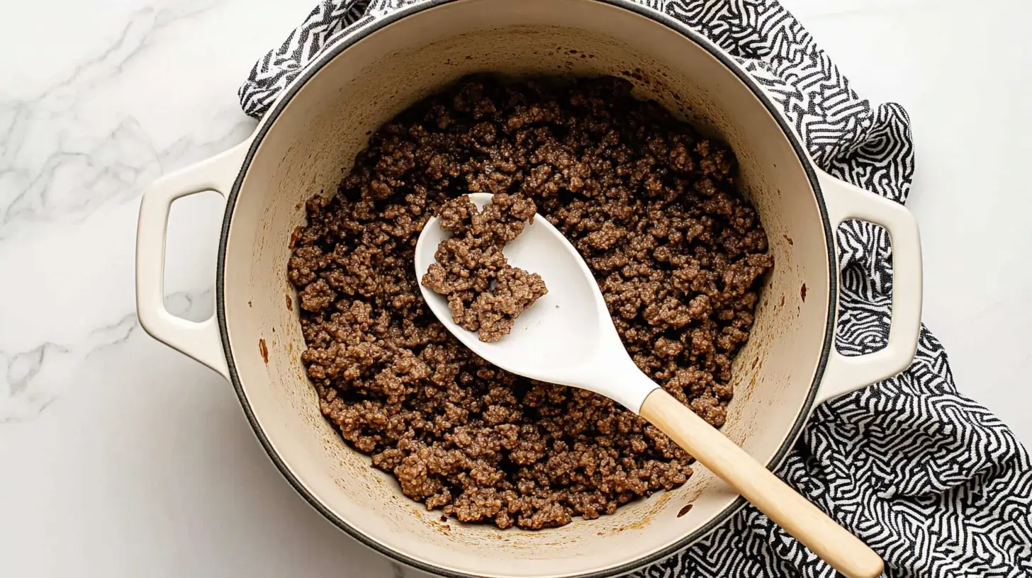 Cheeseburger Macaroni Soup 3 browned-ground-beef-in-a-white-pot-with-a-spoon-scooping-some-black-and-white-patterned-cloth-nearby