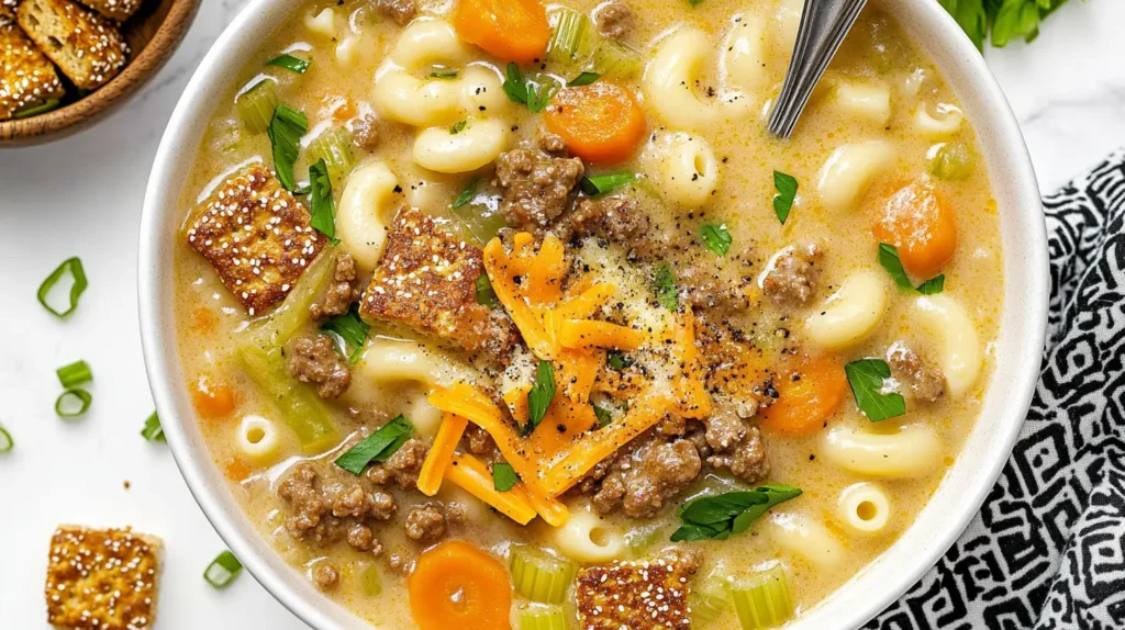 creamy-hamburger-soup-in-a-white-bowl-features-macaroni-carrots-celery-ground-beef-cheese-and-pretzel-crackers