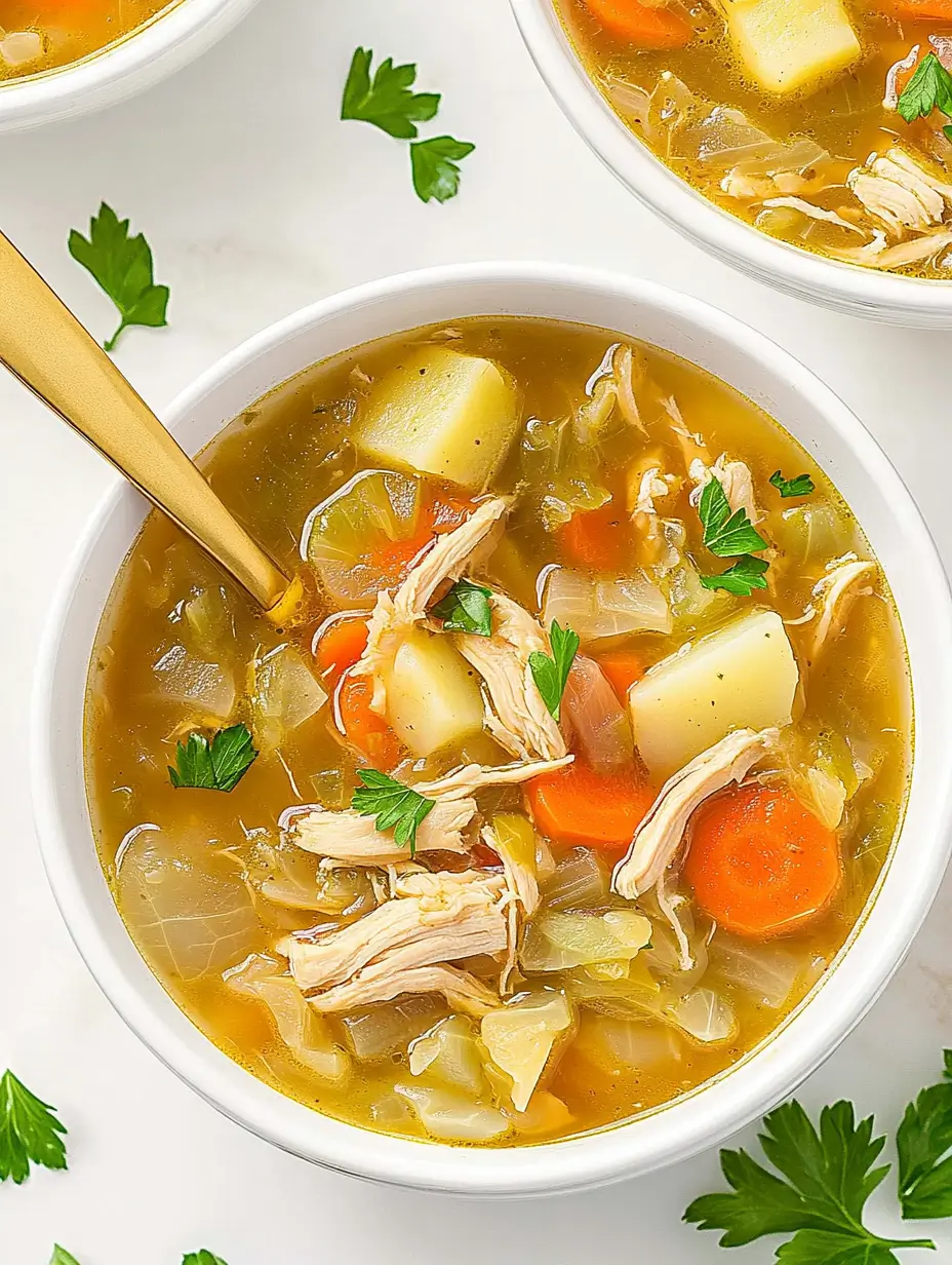 Chicken Cabbage Soup for Quick Fat Burning 46 chicken-cabbage-soup-in-white-dutch-oven-with-gold-spoon