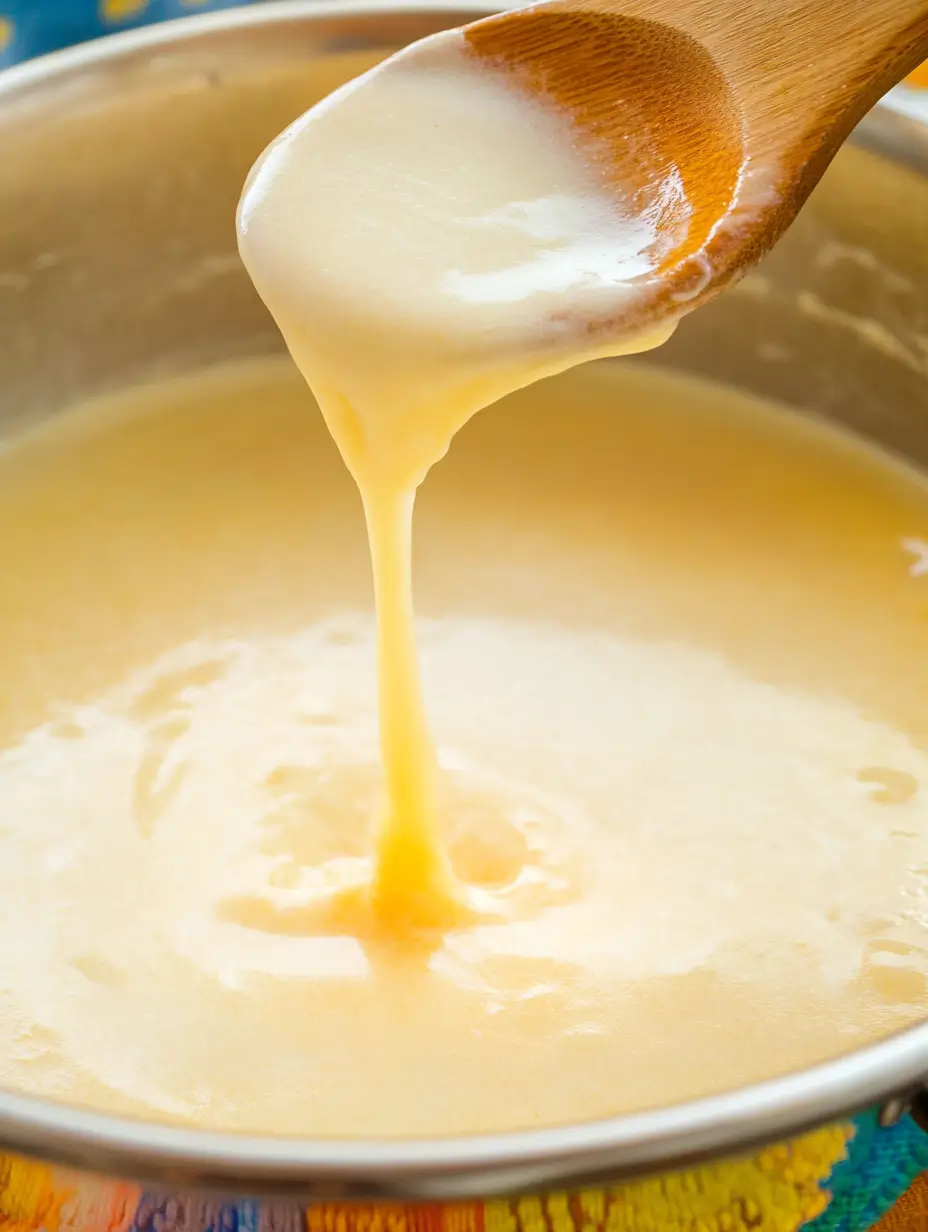 Chicken Cauliflower Casserole 6 Creamy-Cheddar-Cheese-Sauce-in-a-Bowl-with-Wooden-Spoon