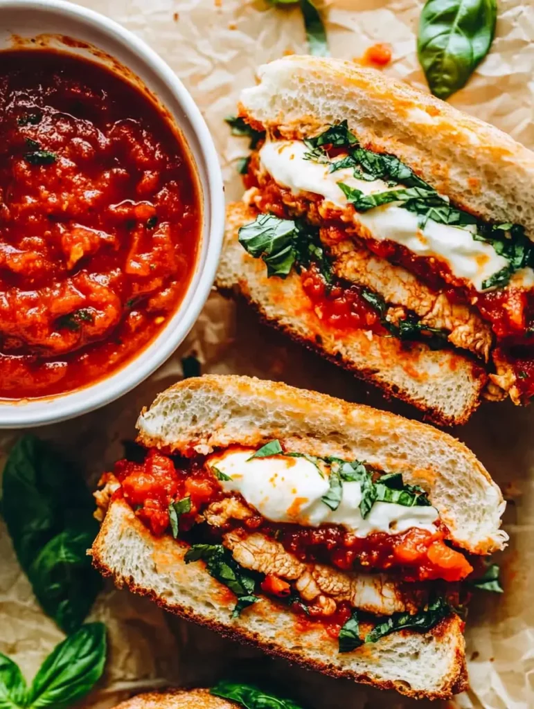 Close-up of a chicken parmesan sandwich with melted mozzarella, crispy chicken, and fresh basil on crusty bread.