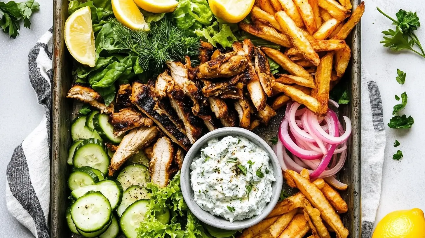 platter-with-grilled-chicken-strips-seasoned-fries-tzatziki-pickled-onions-cucumber-and-fresh-herbs