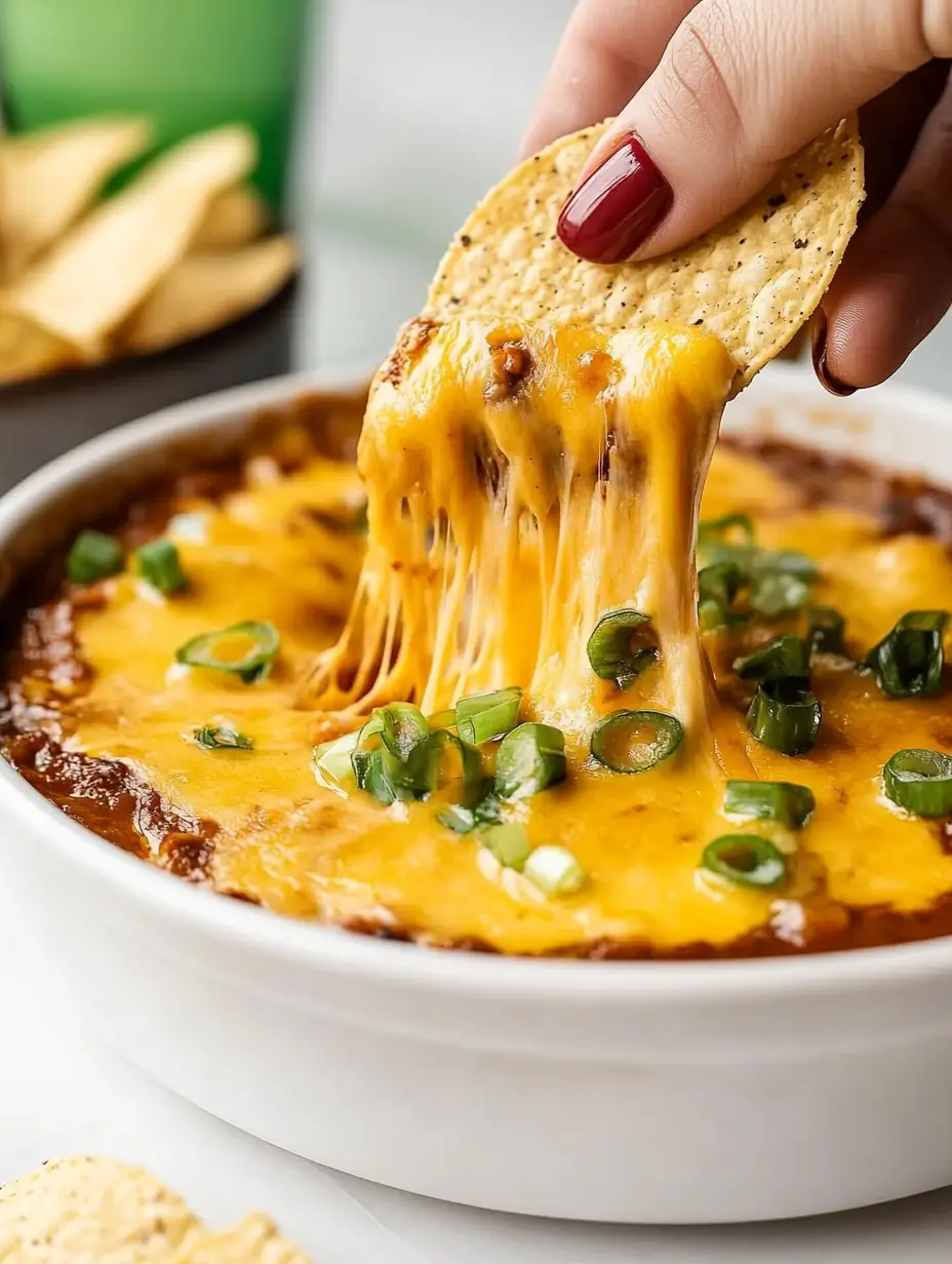 Chili Cheese Dip Recipe 11 hand-dipping-tortilla-chip-into-gooey-cheesy-chili-dip