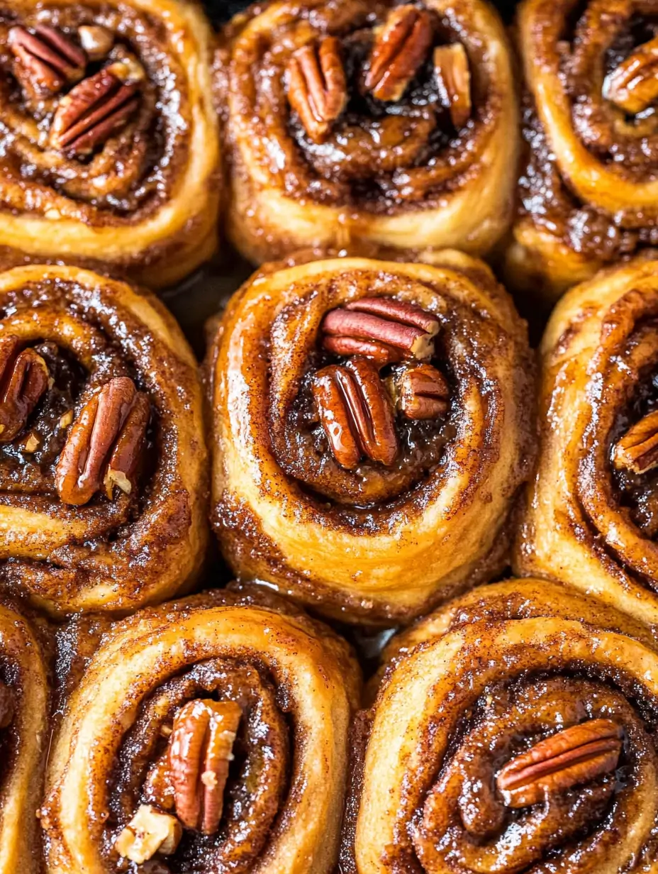 Pecan Rolls 12 closeup-of-baked-cinnamon-rolls-with-pecan-toppings-glistening-with-glaze-arranged-in-a-pan