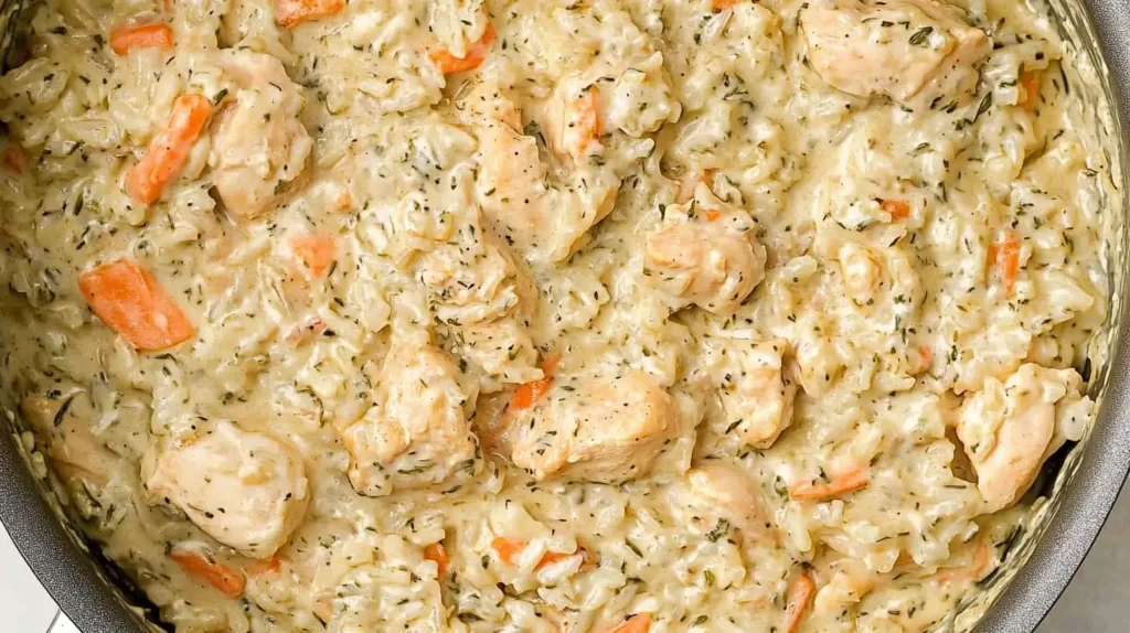 creamy-rice-with-chicken-in-a-skillet