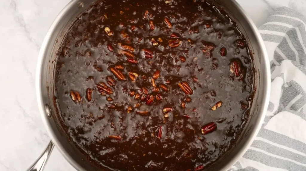 Pecan Rolls 5 dark-brown-pecan-pie-filling-simmering-in-a-stainless-steel-skillet-a-striped-kitchen-towel-is-visible