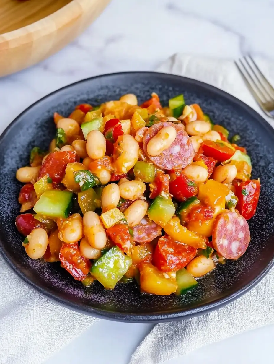 DENSE BEAN SALAD RECIPE THAT STOLE MY HEART 2 A black ceramic plate showcasing dense bean salad, with salami slices, white beans, and a mix of diced cucumbers, bell peppers, and tomatoes, creating a colorful and hearty presentation.