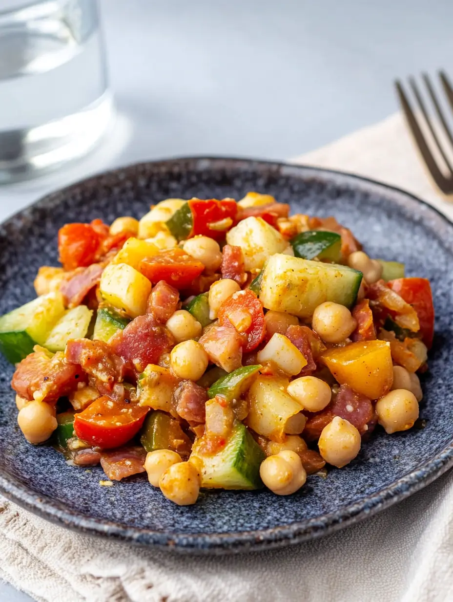 DENSE BEAN SALAD RECIPE THAT STOLE MY HEART 6 A vibrant plate of dense bean salad with chickpeas, chopped cucumbers, bell peppers, cherry tomatoes, and herbs, served on a blue ceramic plate with a fork and glass of water in the background.