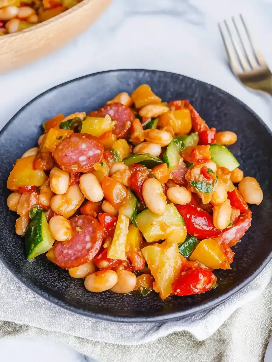 DENSE BEAN SALAD RECIPE THAT STOLE MY HEART 7 A colorful plate of dense bean salad with white beans, salami slices, cucumber, bell peppers, and cherry tomatoes, served on a black ceramic plate with a fork on the side.