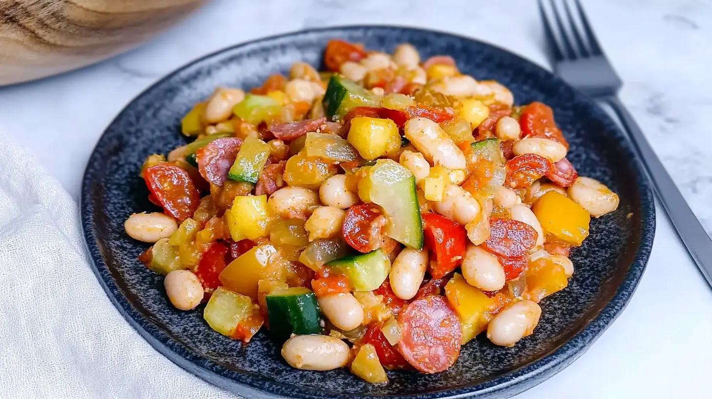A close-up view of a hearty dense bean salad showcasing white beans, fresh vegetables, and sliced sausage, all tossed in a flavorful dressing, presented on a dark plate with a fork on the side.