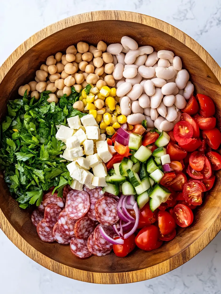 DENSE BEAN SALAD RECIPE THAT STOLE MY HEART 3 A wooden salad bowl filled with vibrant ingredients for dense bean salad, featuring chickpeas, white beans, feta cheese cubes, cherry tomatoes, cucumber slices, corn, red onion, parsley, and salami slices, arranged in a visually appealing pattern.