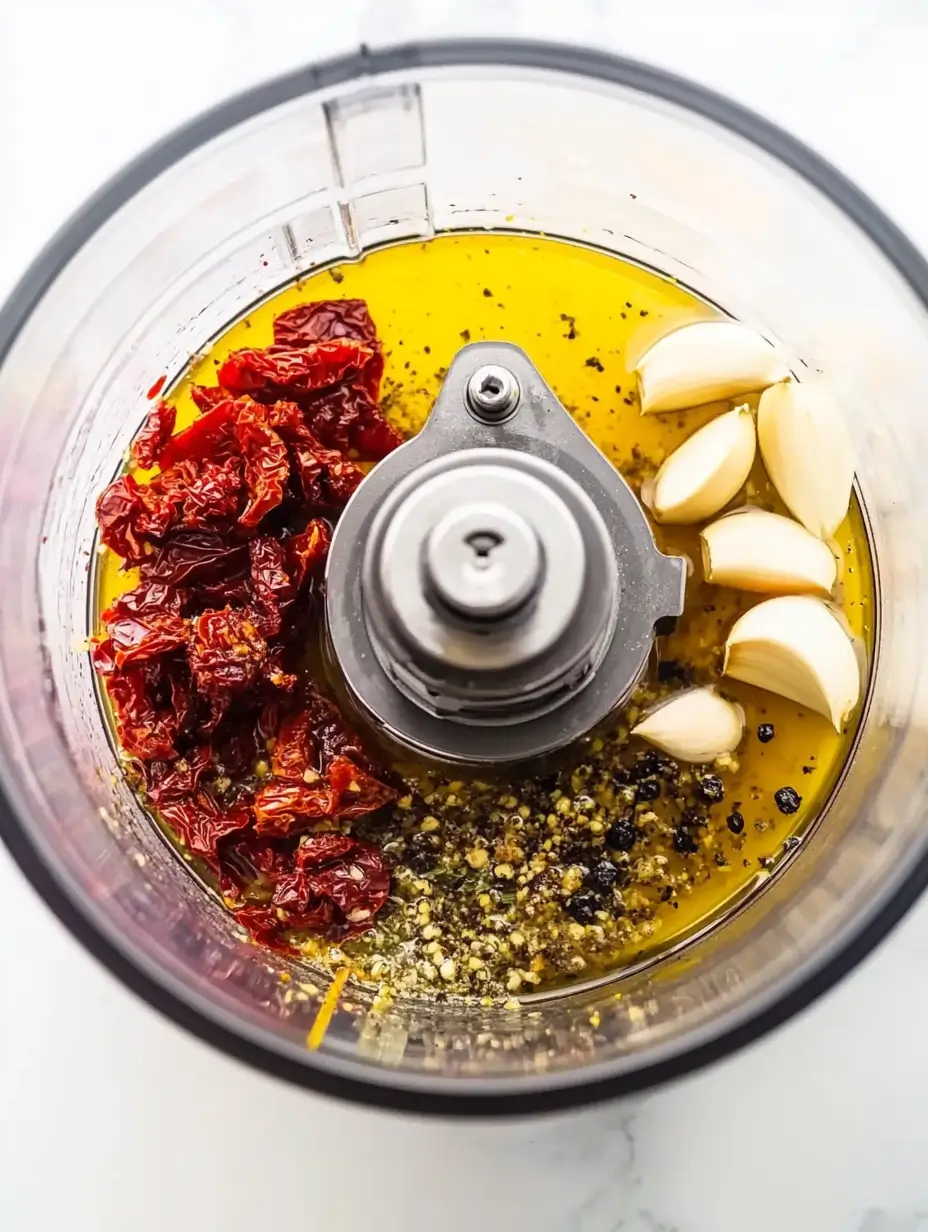DENSE BEAN SALAD RECIPE THAT STOLE MY HEART 4 Ingredients for roasted red pepper sauce in a food processor, including sundried tomatoes, garlic cloves, olive oil, and spices, displayed with sharp details of the Vitamix blade.
