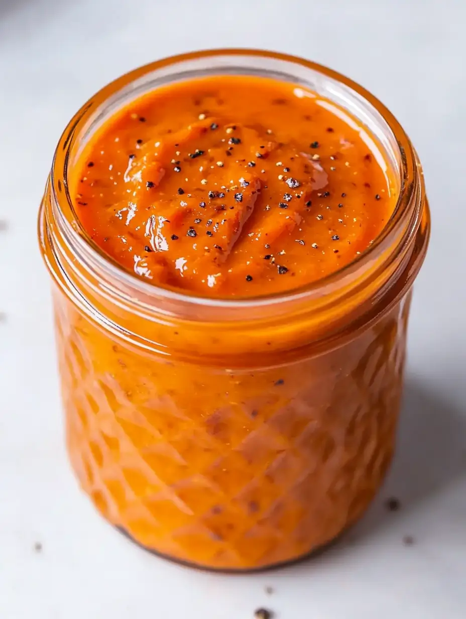 DENSE BEAN SALAD RECIPE THAT STOLE MY HEART 5 A close-up of a jar filled with bright orange roasted red pepper sauce, garnished with freshly cracked black pepper, highlighting its smooth texture and vibrant color.