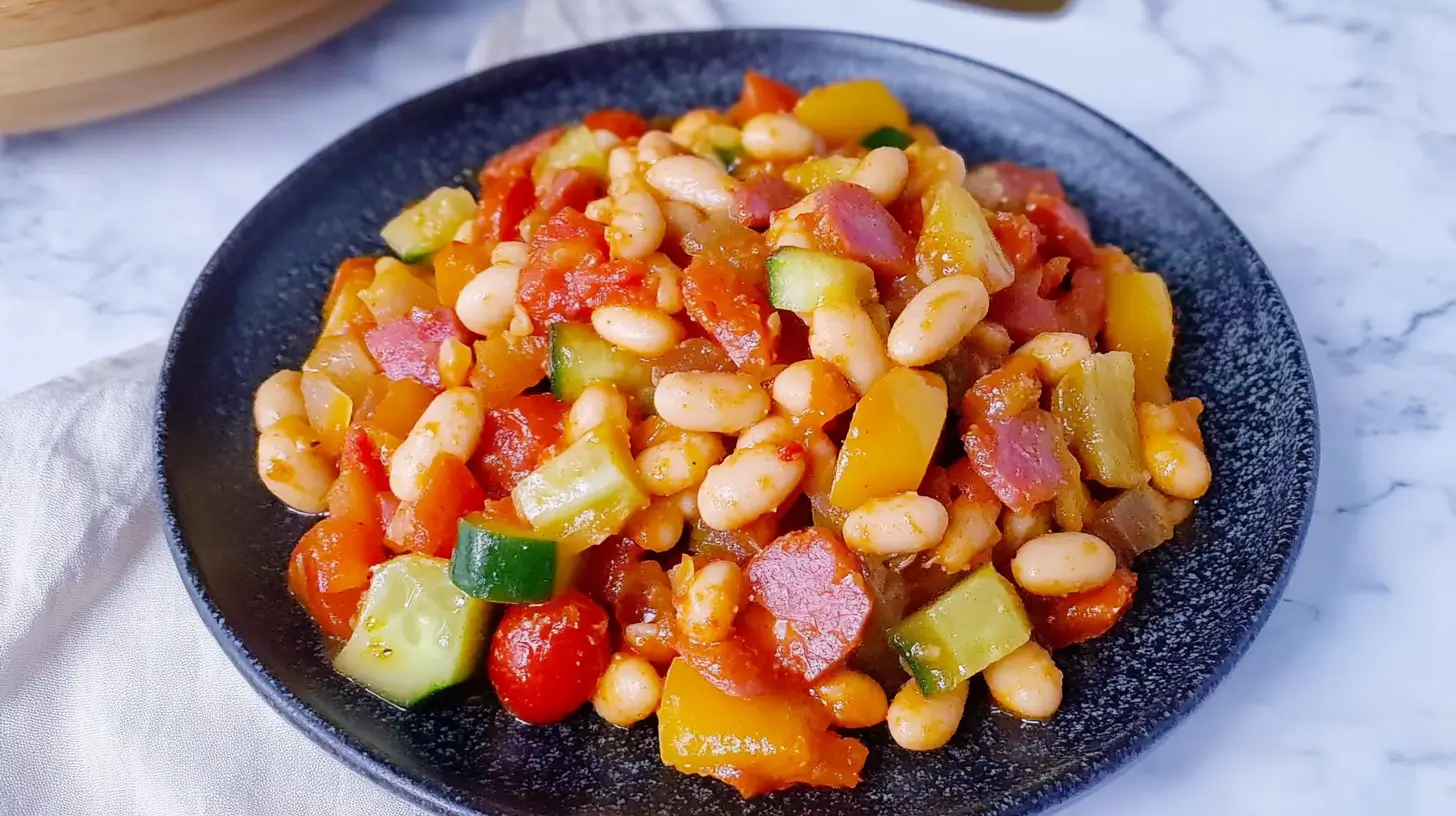 DENSE BEAN SALAD RECIPE THAT STOLE MY HEART 1 A vibrant plate of dense bean salad featuring white beans, colorful bell peppers, diced cucumbers, and tomatoes, served on a dark ceramic plate over a light cloth background.