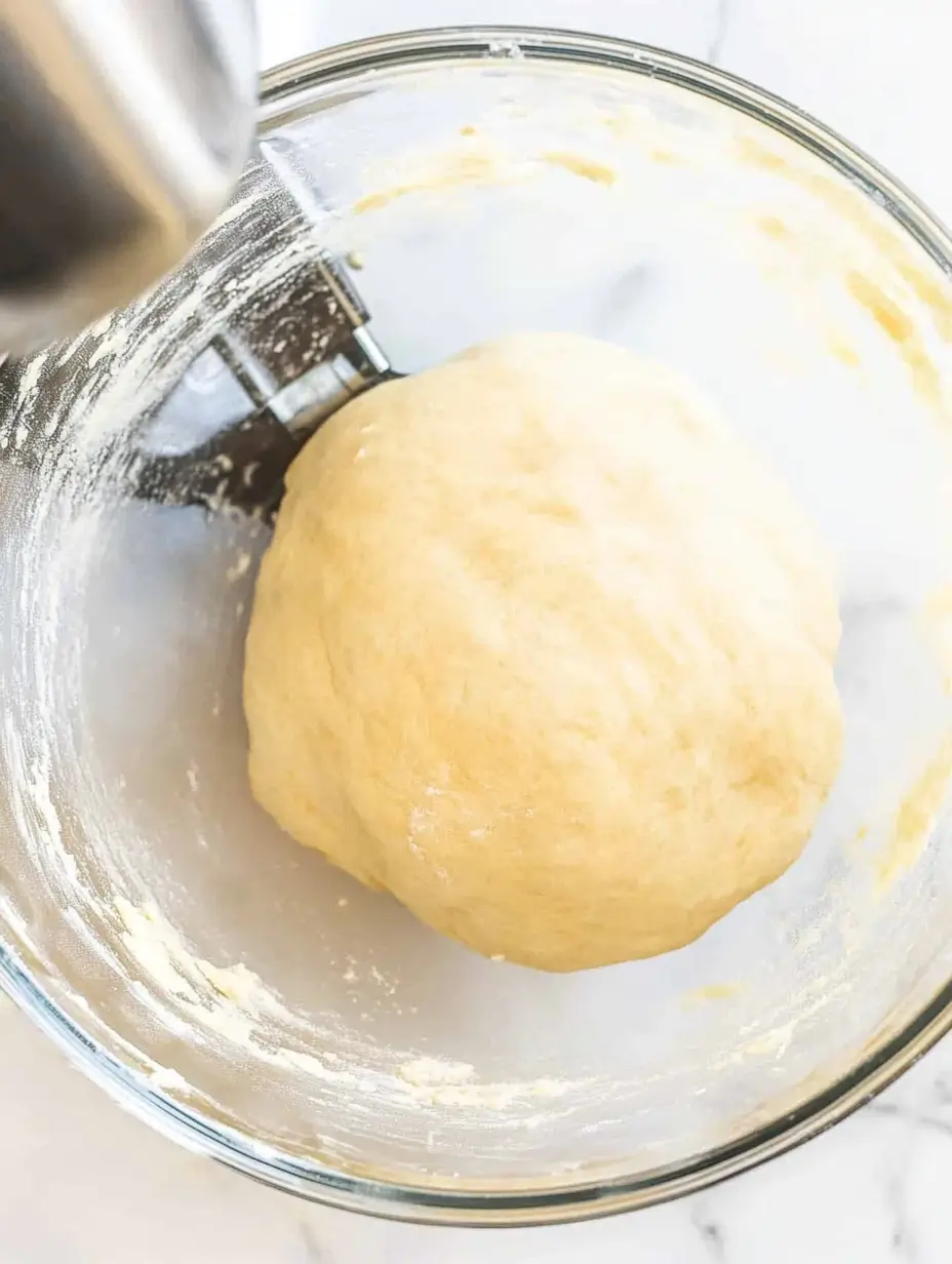 Pecan Rolls 3 dough-ball-in-a-glass-bowl-with-a-mixer-arm-visible-flour-dusting-the-sides