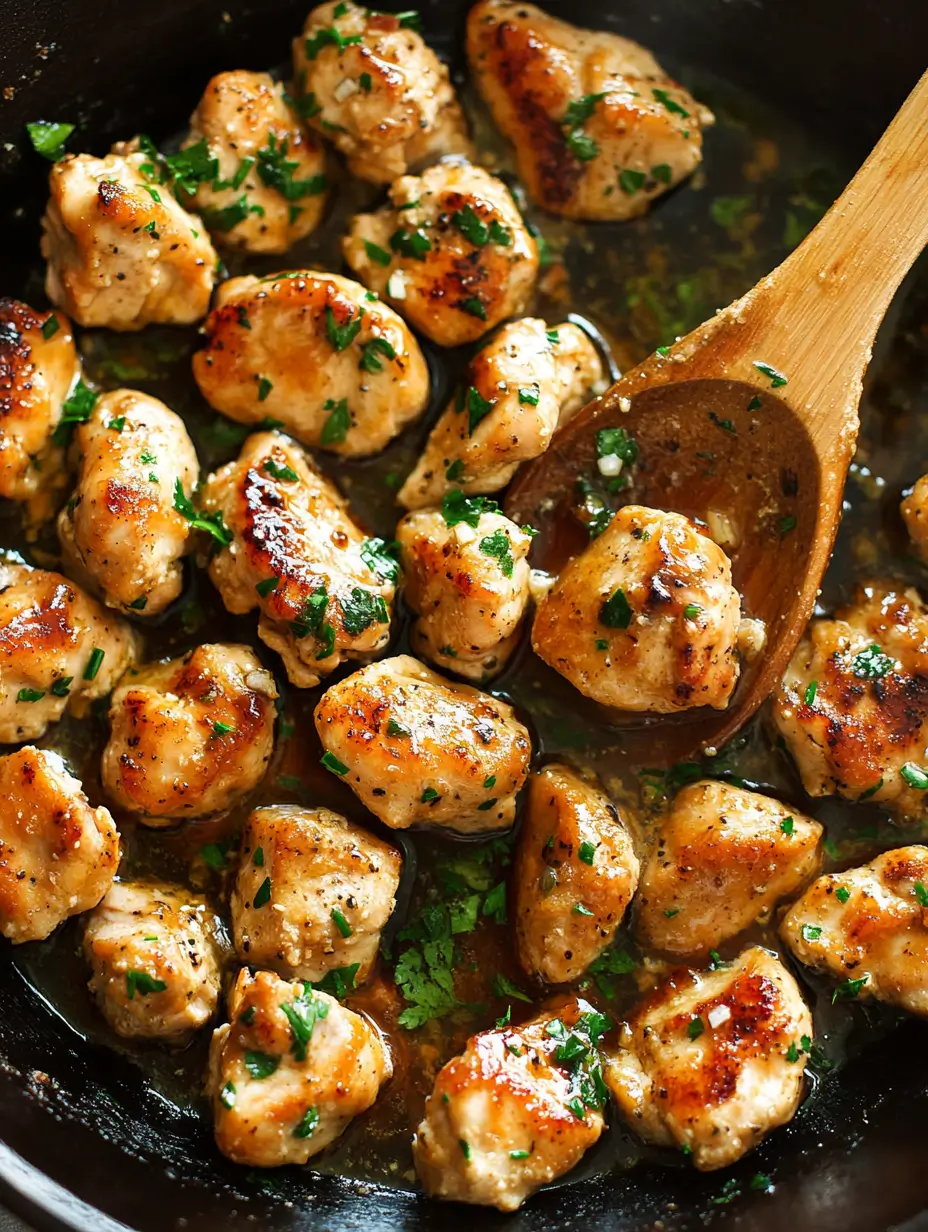 Garlic Butter Chicken Bites 2 close-up-of-garlic-butter-chicken-bites-in-a-pan-with-a-wooden-spoon