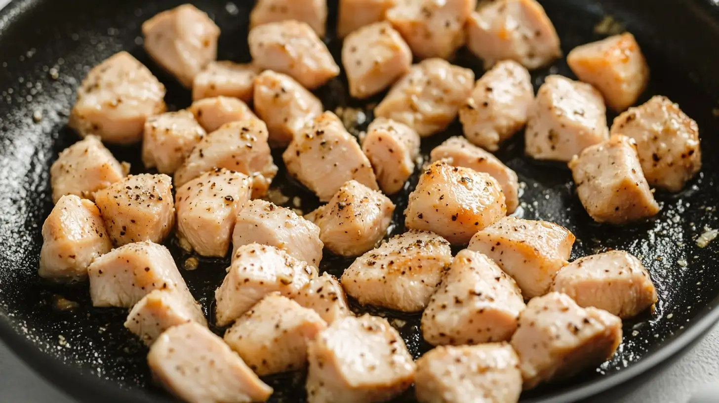 Garlic Butter Chicken Bites 5 lightly-browned-bites-cooking-in-a-skillet