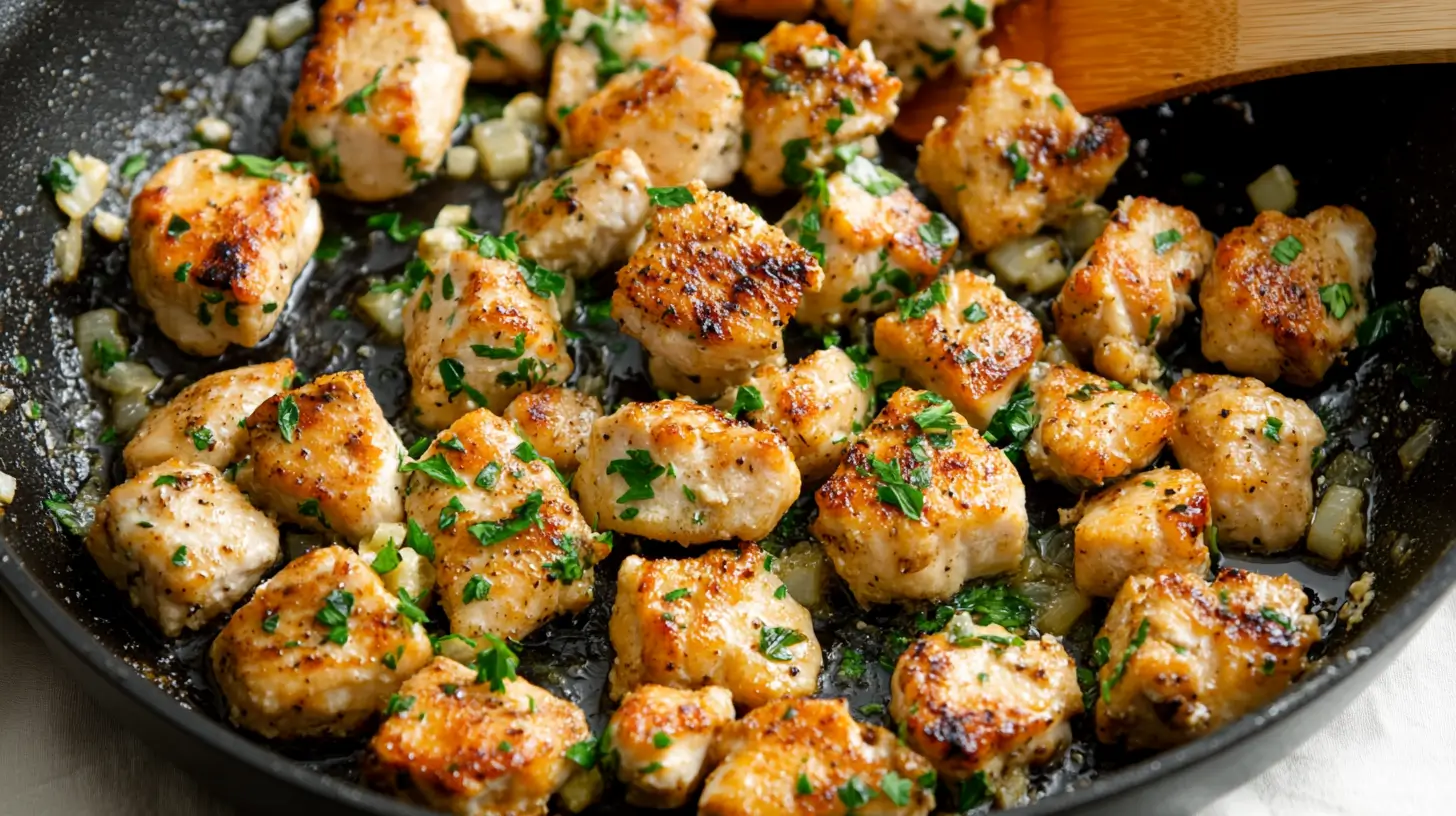 Garlic Butter Chicken Bites 7 golden-brown-bites-in-a-cast-iron-skillet