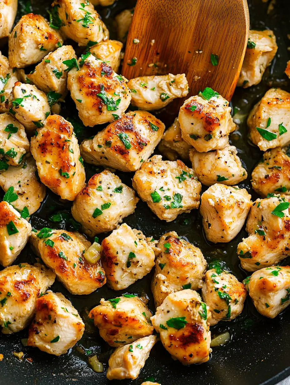 Garlic Butter Chicken Bites 8 garlic-butter-chicken-bites-in-a-pan-with-a-wooden-spoon