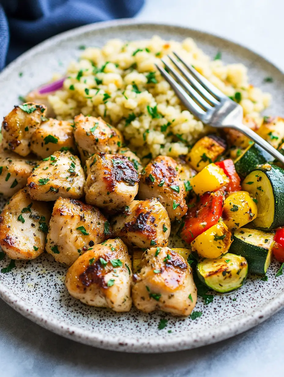 Garlic Butter Chicken Bites 9 garlic-butter-chicken-bites-and-roasted-vegetables-on-a-speckled-plate