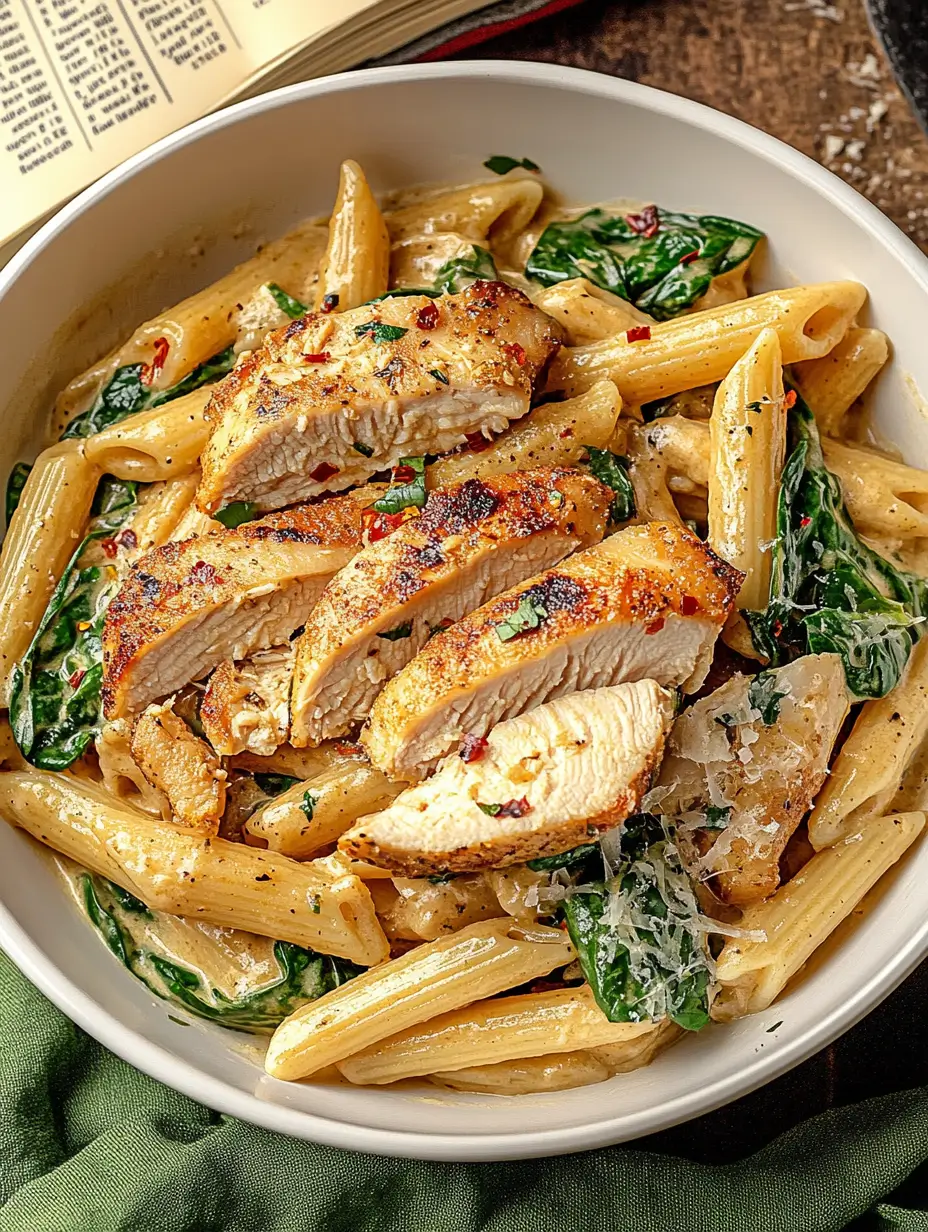 Garlic Parmesan Chicken Pasta 2 garlic-parmesan-chicken-pasta-with-sliced-chicken-and-spinach-in-a-bowl