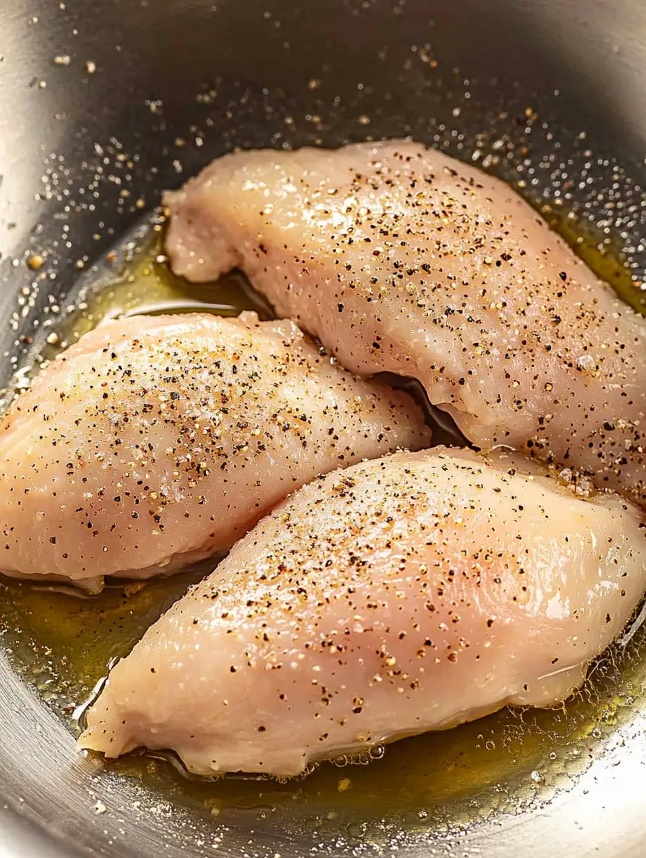 Garlic Parmesan Chicken Pasta 3 raw-seasoned-chicken-breasts-in-a-metal-bowl