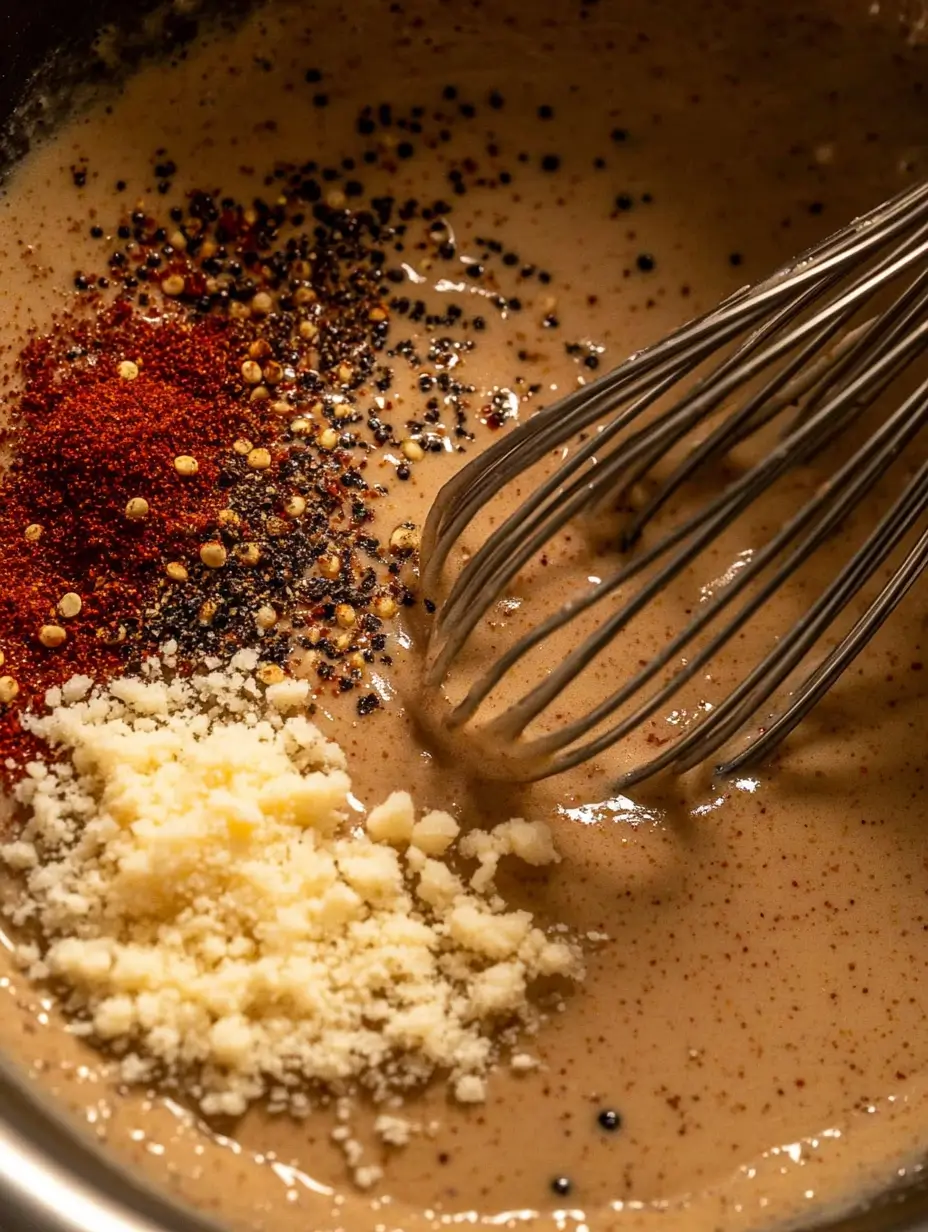 Garlic Parmesan Chicken Pasta 5 creamy-garlic-parmesan-sauce-with-spices-and-a-whisk