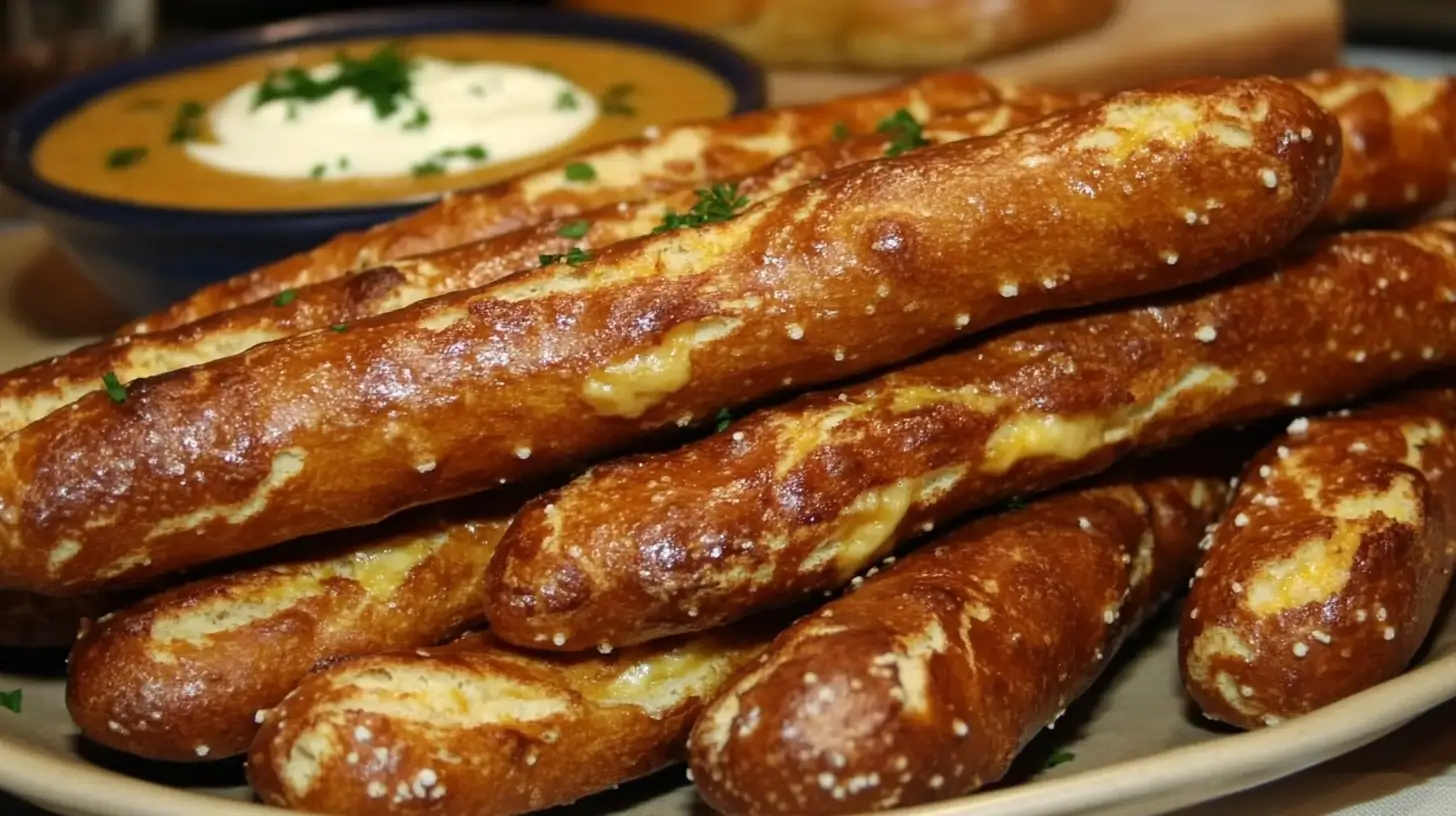 PRETZEL STICKS : HOMEMADE 4 Pretzel sticks plated with a bowl of creamy soup garnished with fresh herbs, served on a rustic parchment-lined tray.