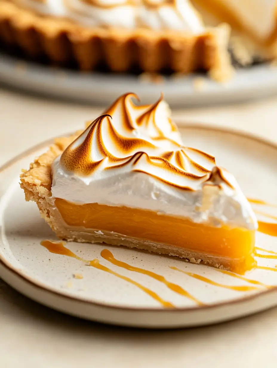 A close-up of a slice of lemon meringue tart with a golden crust, creamy lemon filling, and perfectly browned meringue swirls, drizzled with caramel sauce on a plate.