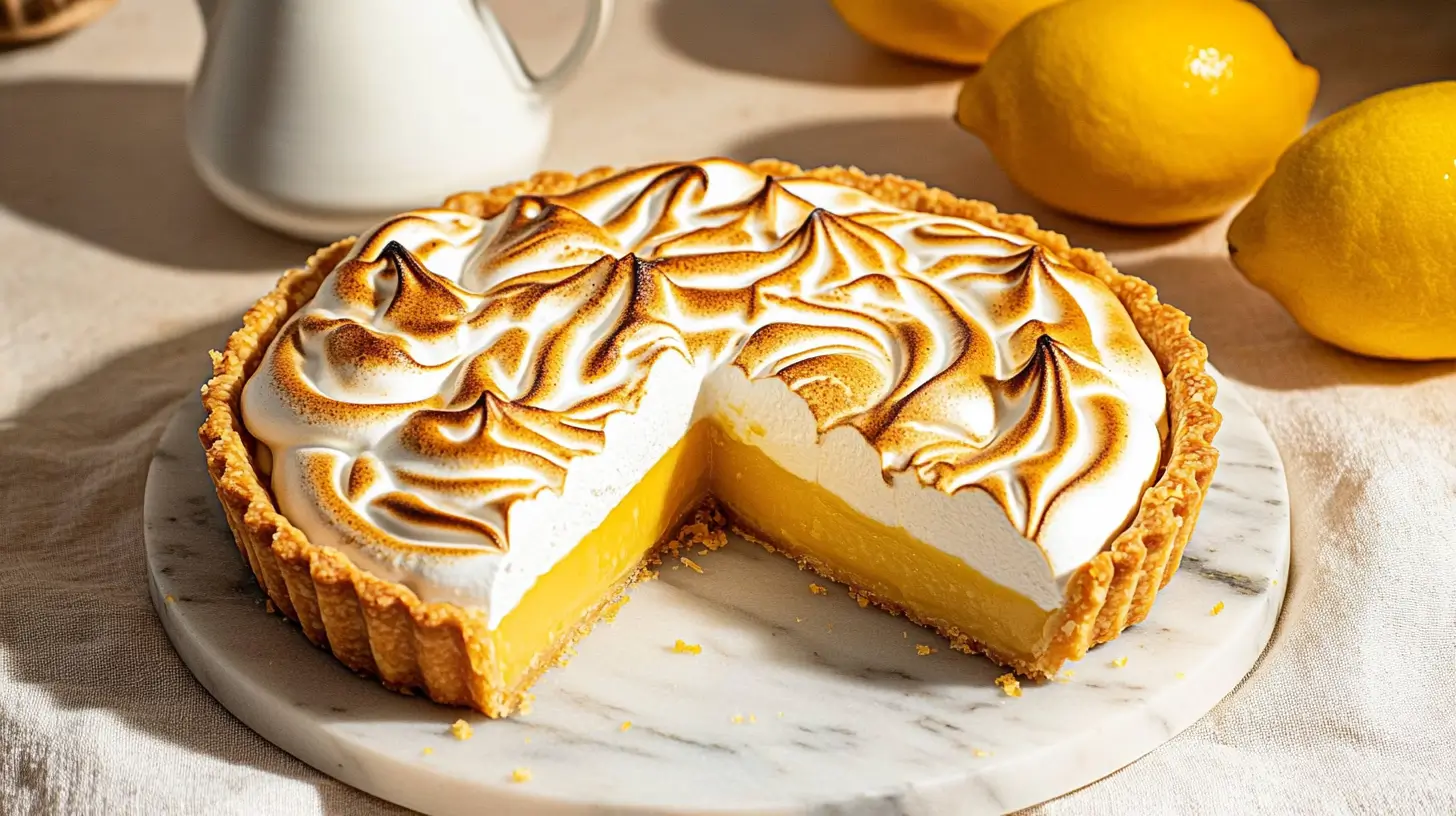 A full lemon meringue tart with golden-brown meringue swirls on top, placed on a marble surface surrounded by fresh lemons.