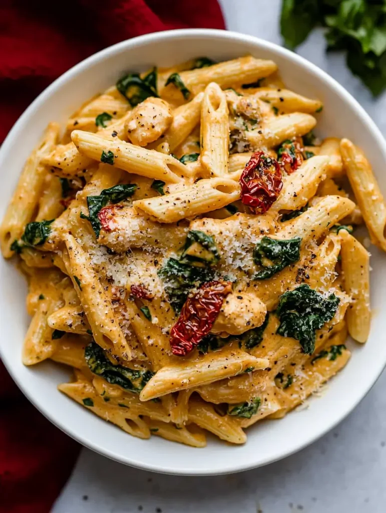 Marry Me Chicken Pasta Recipe 2 A bowl of Marry Me Chicken Pasta, featuring penne pasta tossed in a creamy sauce with chicken, spinach, and sun-dried tomatoes, garnished with Parmesan cheese.
