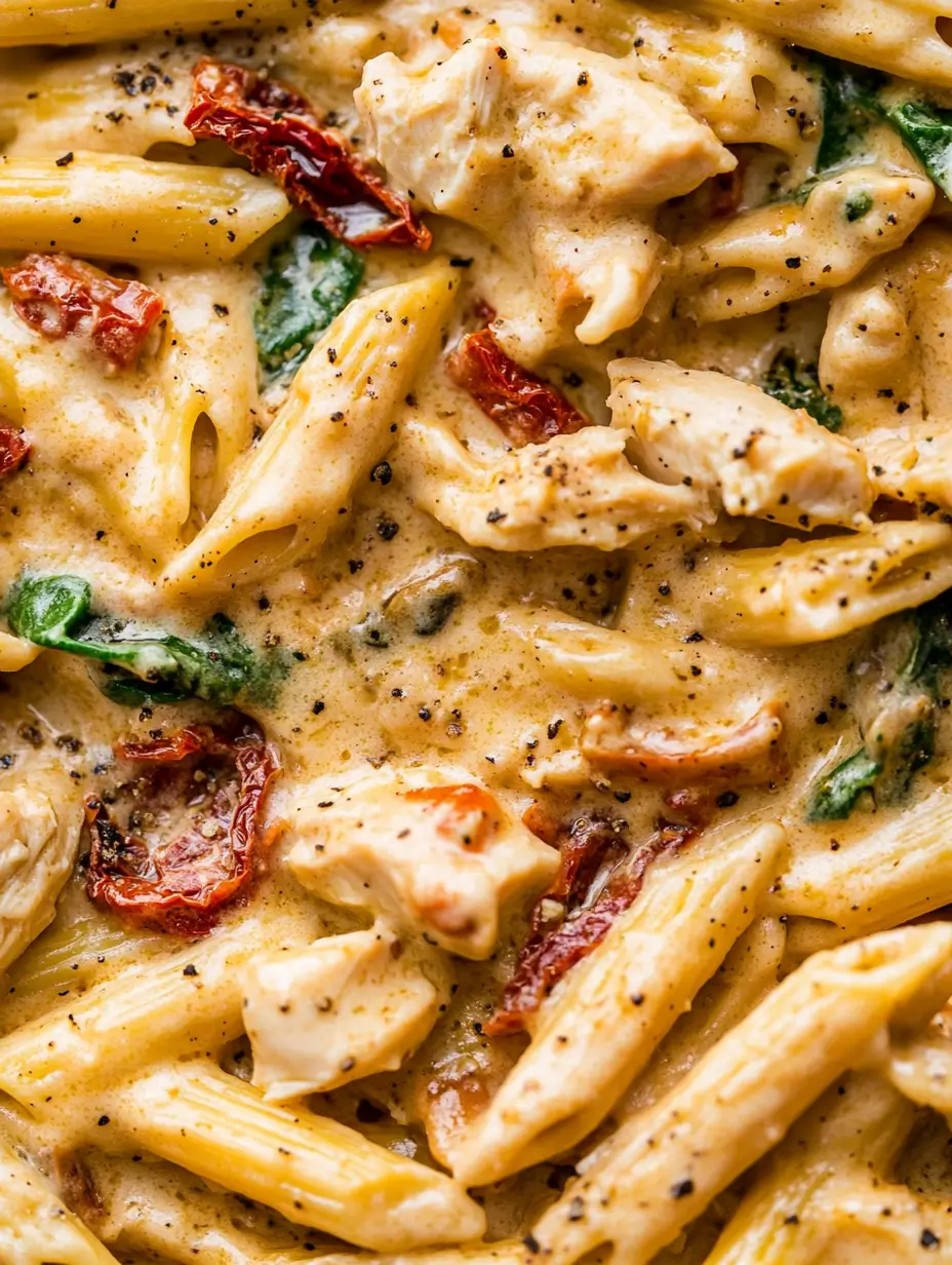 Marry Me Chicken Pasta Recipe 8 A close-up of creamy Marry Me Chicken Pasta with juicy chicken, sun-dried tomatoes, and fresh spinach in a rich sauce, garnished with black pepper.