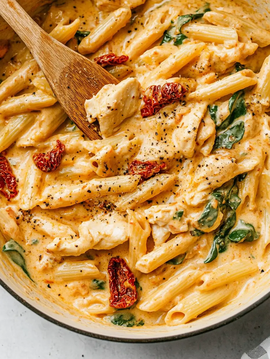 Marry Me Chicken Pasta Recipe 7 A skillet filled with creamy Marry Me Chicken Pasta, topped with sun-dried tomatoes and fresh spinach, ready to serve.