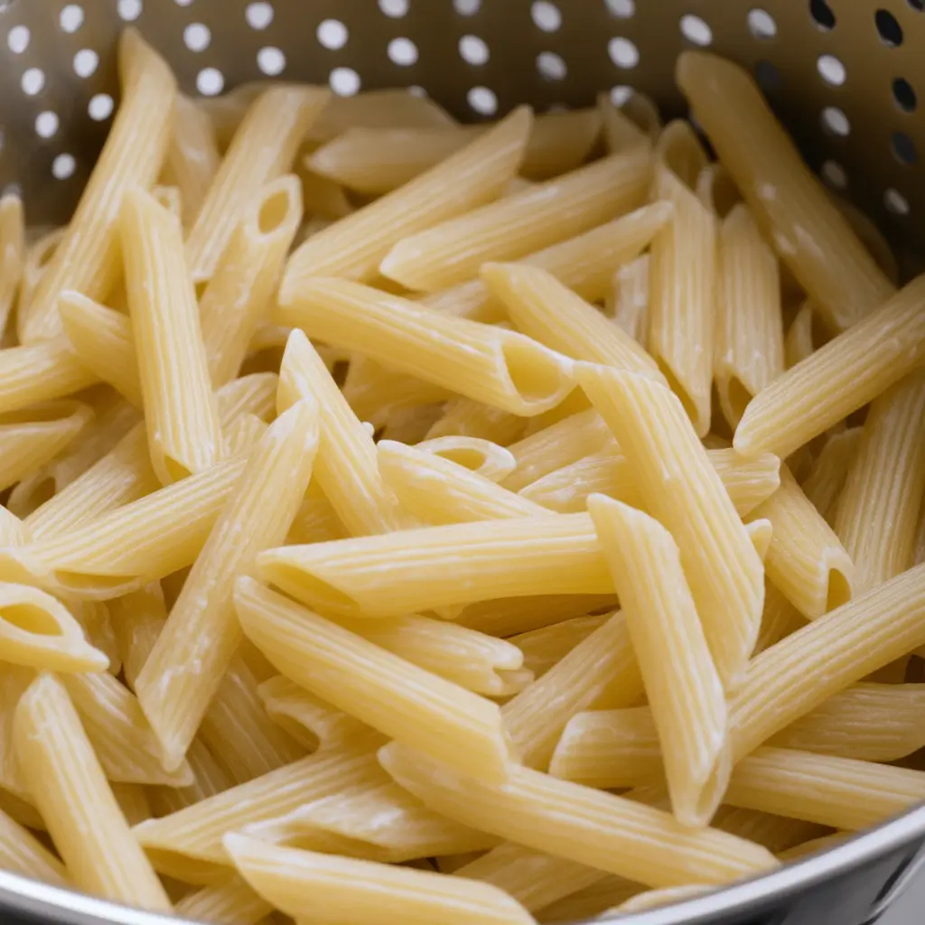 Marry Me Chicken Pasta Recipe 3 Perfectly cooked al dente penne pasta draining in a colander, ready for use in a flavorful recipe.