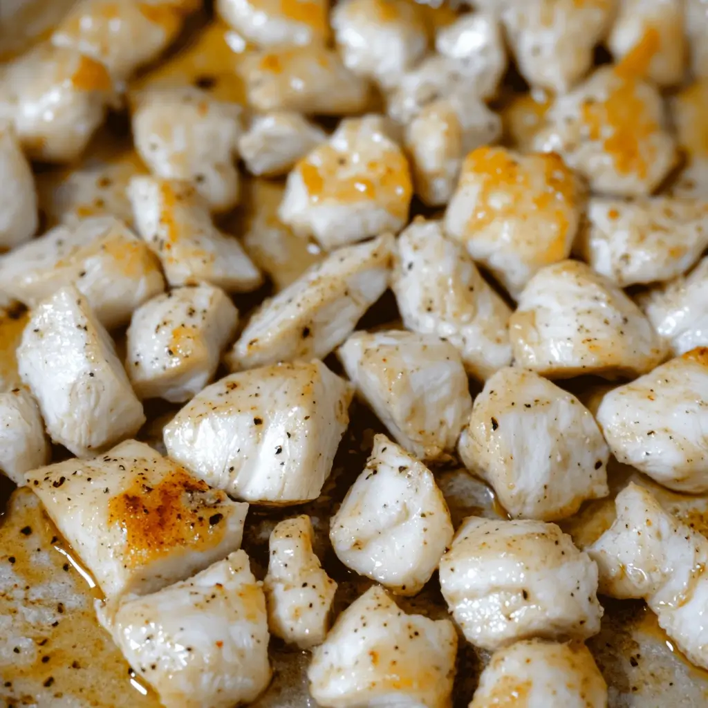 Marry Me Chicken Pasta Recipe 4 Cubed chicken pieces lightly browned and seasoned, resting on a skillet with a golden glaze of oil.