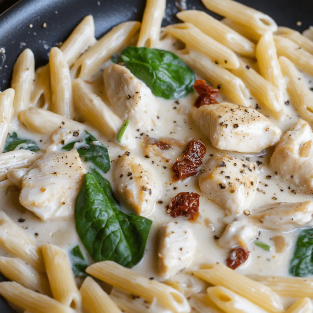 Marry Me Chicken Pasta Recipe 6 Penne pasta simmering in a creamy sauce with tender chicken pieces, fresh spinach, and sun-dried tomatoes.