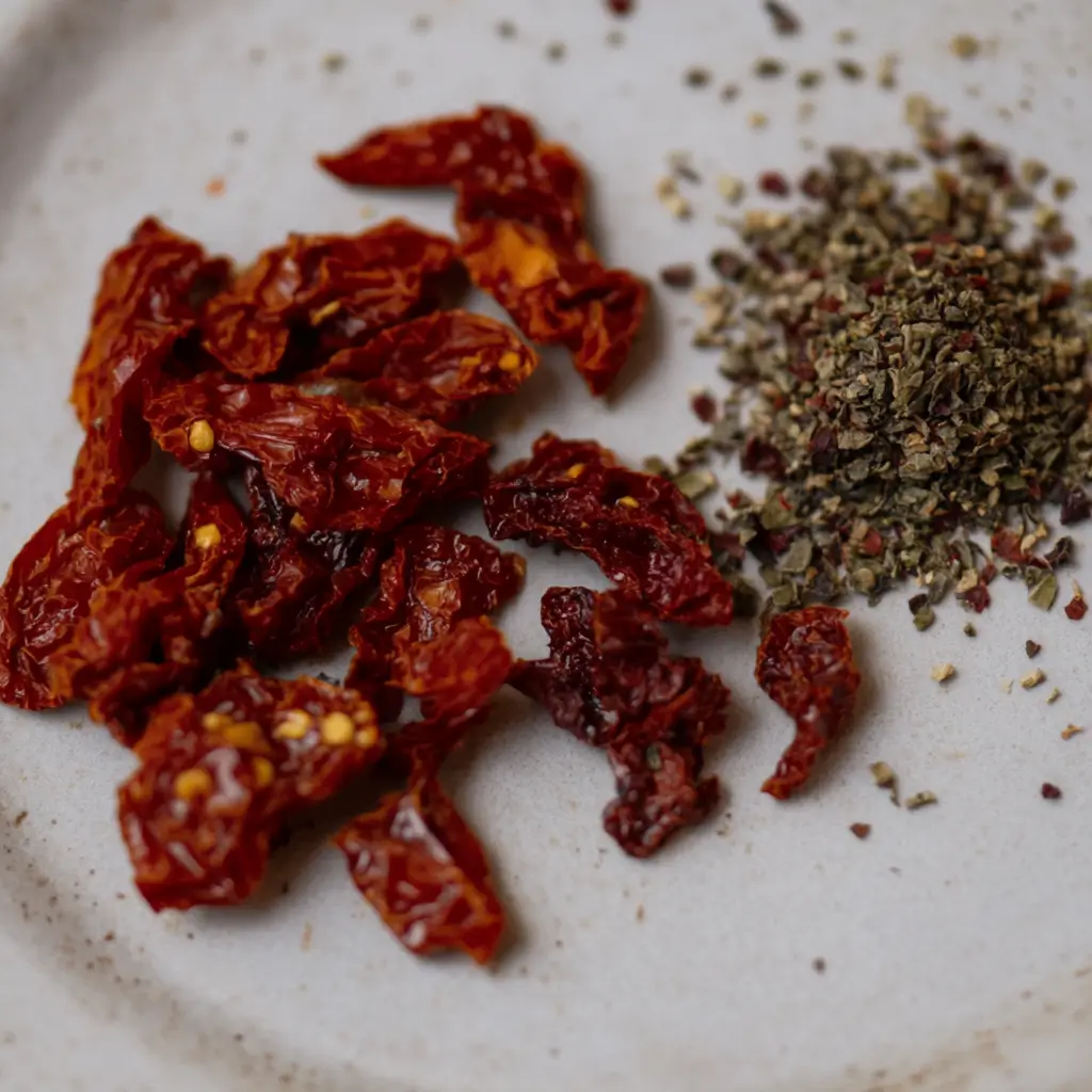 Marry Me Chicken Pasta Recipe 5 A close-up view of sun-dried tomatoes and crushed spices displayed on a neutral ceramic plate, showcasing vibrant red and earthy tones.