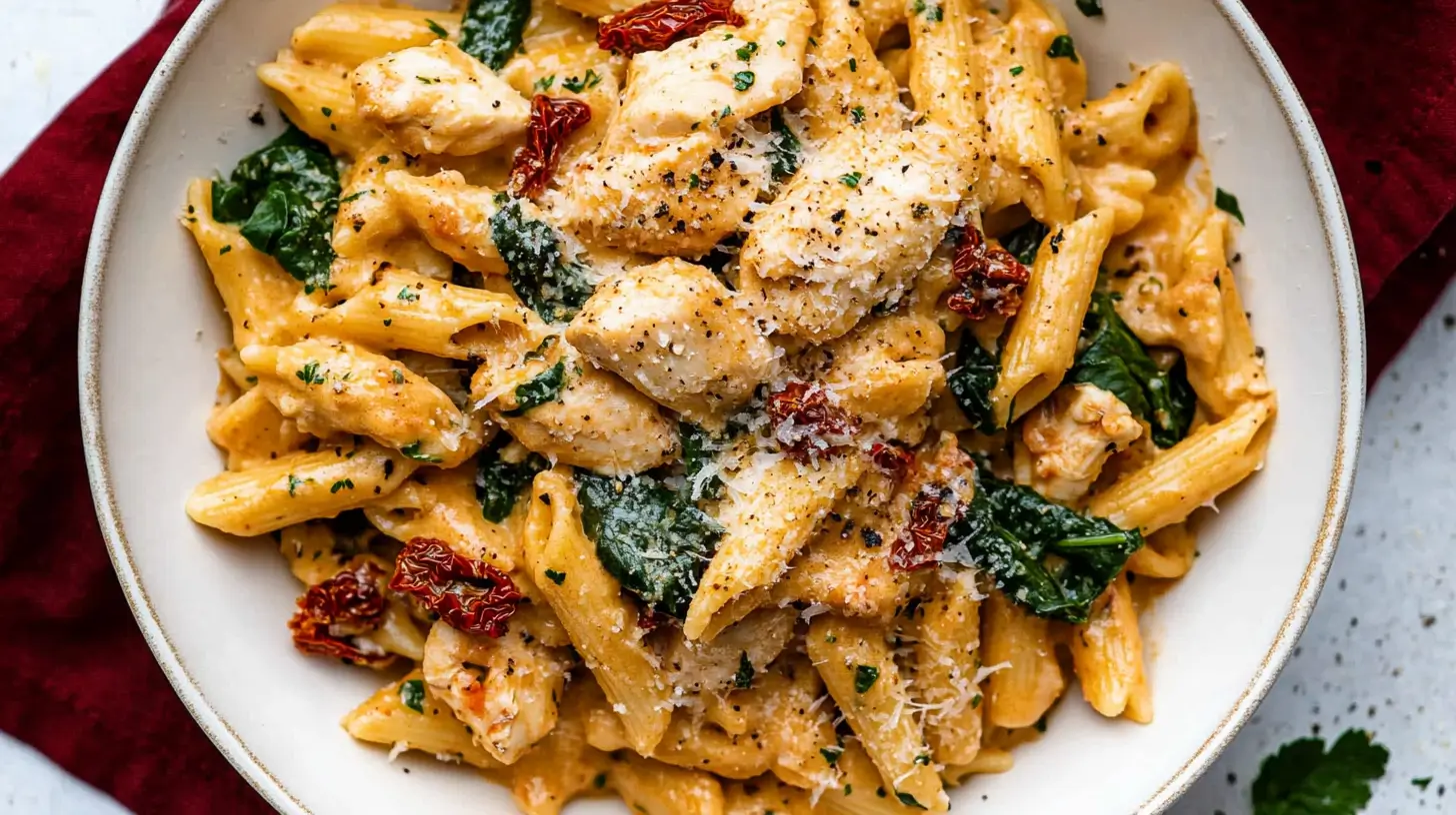 Marry Me Chicken Pasta Recipe 1 A closeup of a bowl of Marry Me Chicken Pasta, featuring penne pasta tossed in a creamy sauce with chicken, spinach, and sun-dried tomatoes, garnished with Parmesan cheese.