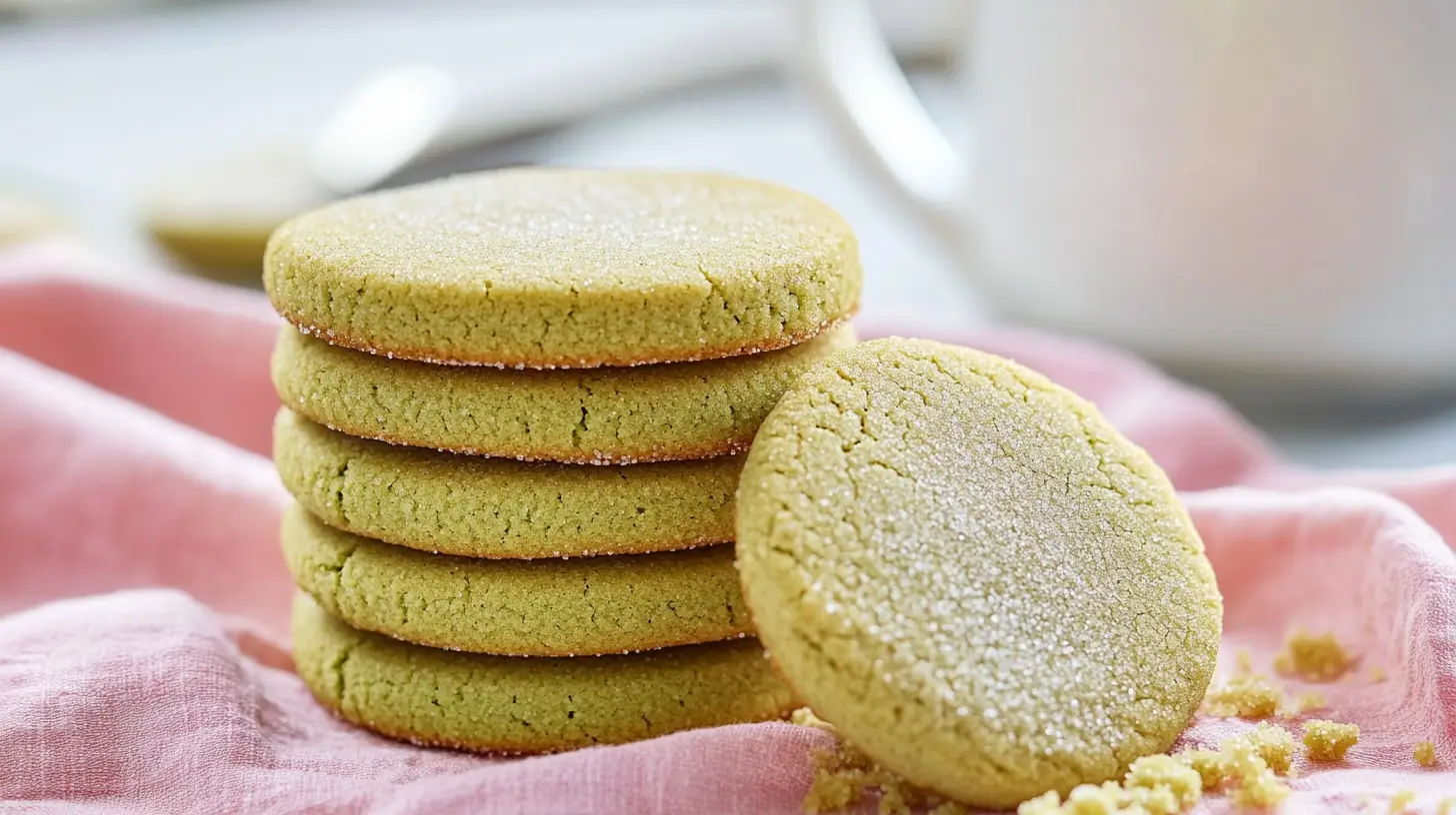 Matcha Shortbread Cookies 7 stack-of-matcha-shortbread-cookies-on-pink-cloth-with-one-cookie-leaning-against-the-stack-and-crumbs-on-the-side