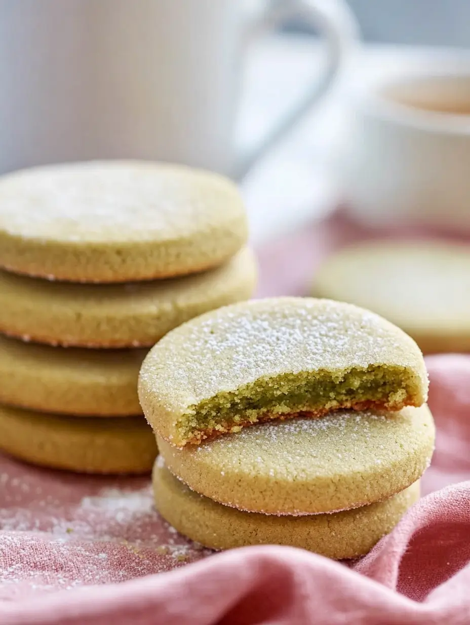 Matcha Shortbread Cookies 9 matcha-shortbread-cookies-stacked-with-one-cookie-bitten-showing-green-interior-on-pink-cloth
