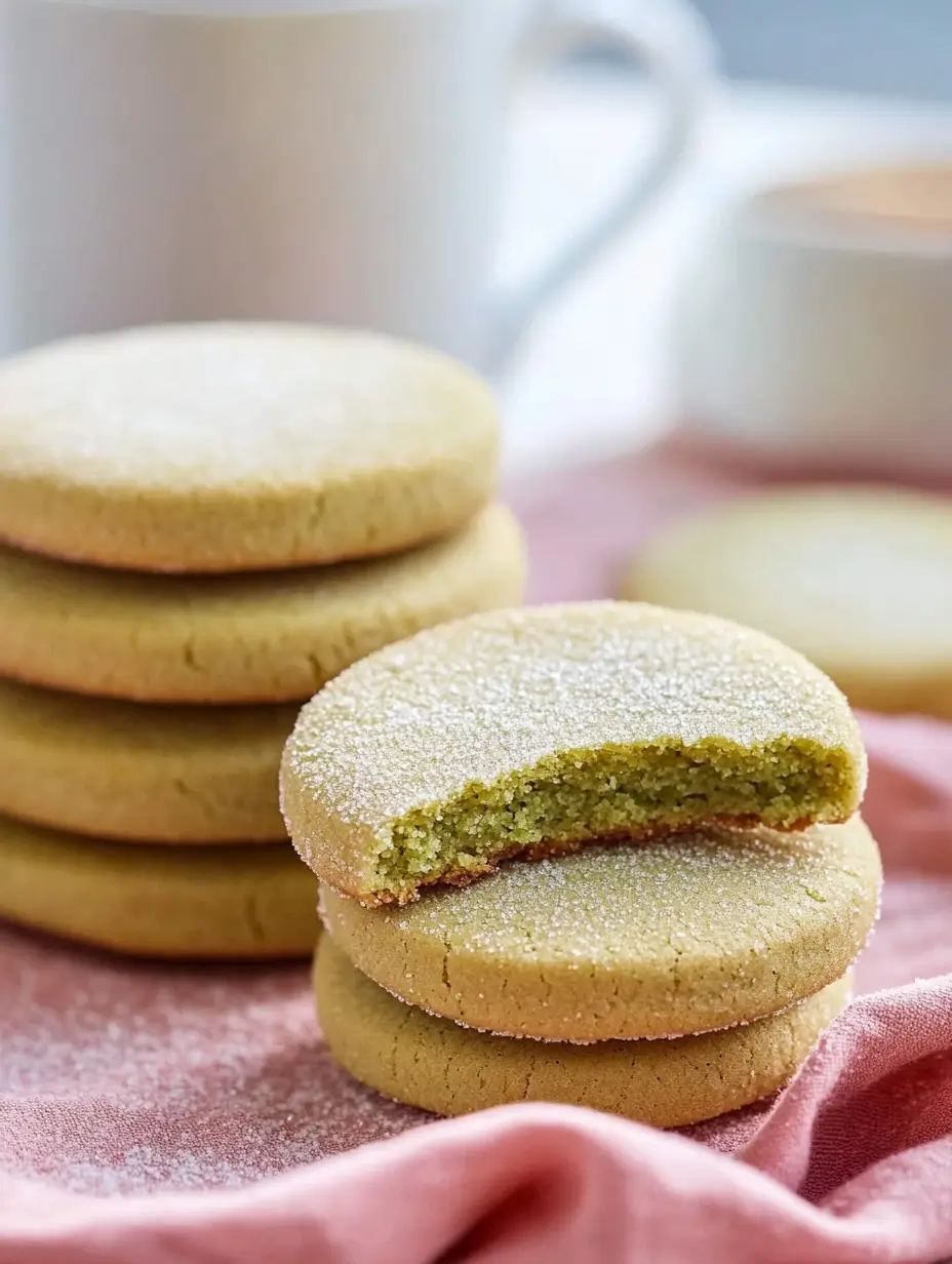 Matcha Shortbread Cookies 8 stack-of-matcha-shortbread-cookies-on-pink-cloth-with-cup-of-tea-in-background