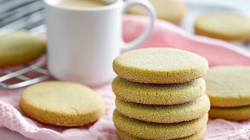 Matcha Shortbread Cookies 11 stack-of-cookies-with-pink-cloth-in-background-and-mug-of-tea