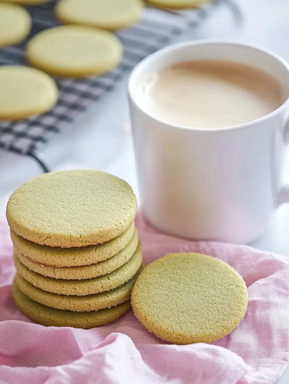 Matcha Shortbread Cookies 10 stack-of-cookies-on-pink-cloth-next-to-cup-of-tea